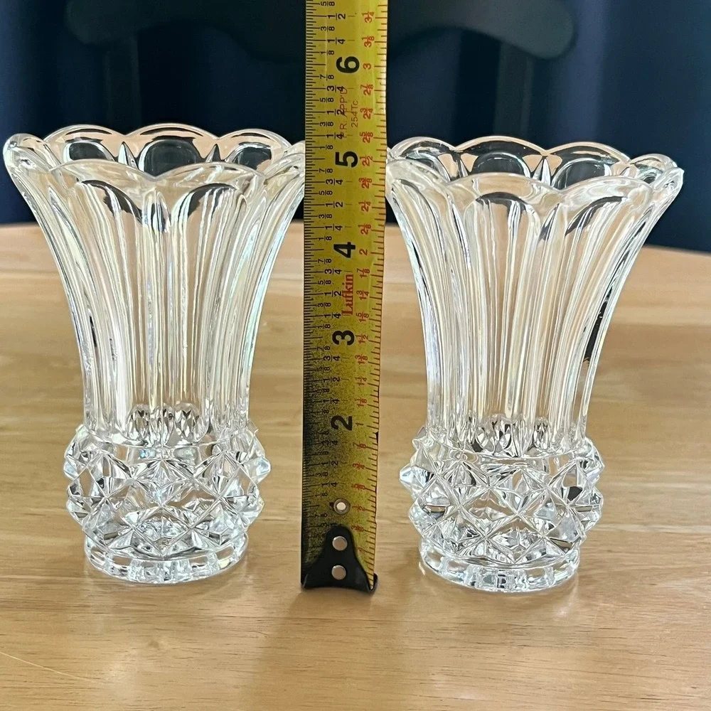 Vintage Crystal Bud Vases Pair Scalloped Flared Tulip Diamond Cut Glass 5.25in